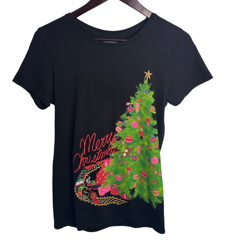 Christmas Tree Graphic‎ Tee Womens Size Medium Black Festive Holiday Shirt Gifts